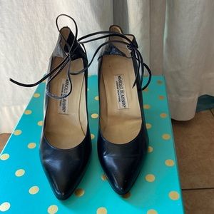 Black Manolo Blahnik pumps with ankle tie
